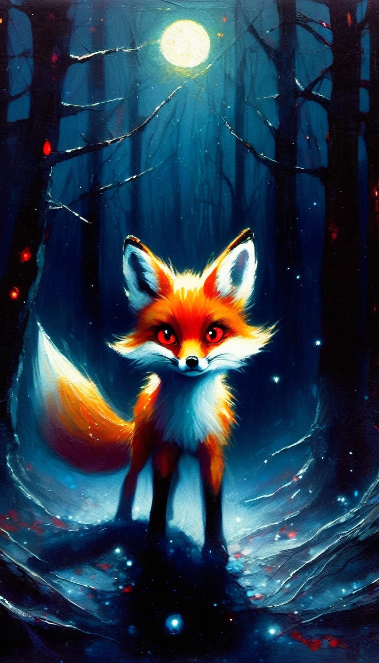 a little fox, adorable but angry, red eyes, walks through a forest at night, among its trees, fog, creepy atmosphere,magic, fantastic, night sky, moon, stars, background, (art inspired in Bill Sienkiewicz). oil painting)