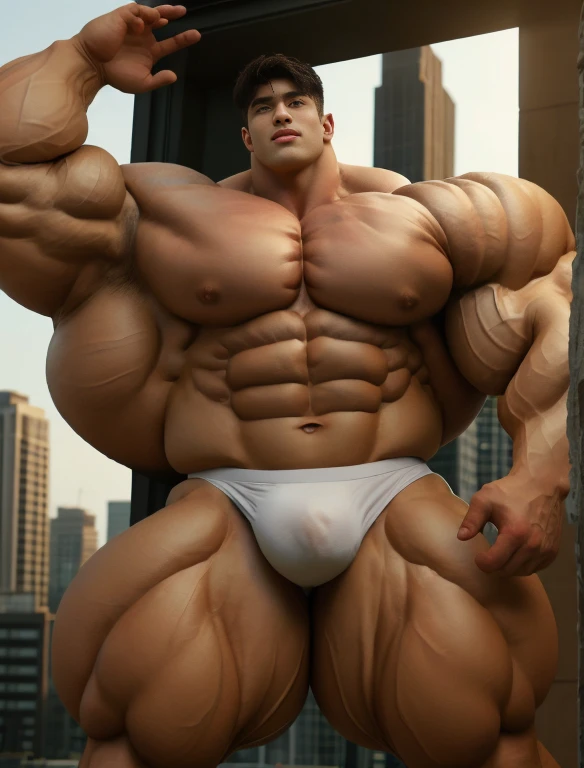 1boy, giant, alone, giant bodybuilder, golden hour, strong body, bulk, large size, armpit, staying on the sculpted wall, outdoor, , white triangular underwear, prominent bulge, extraordinary big, brutalmass, giant, muscular body, bulk, buff, massive body, large meaty body size, extremely wide body