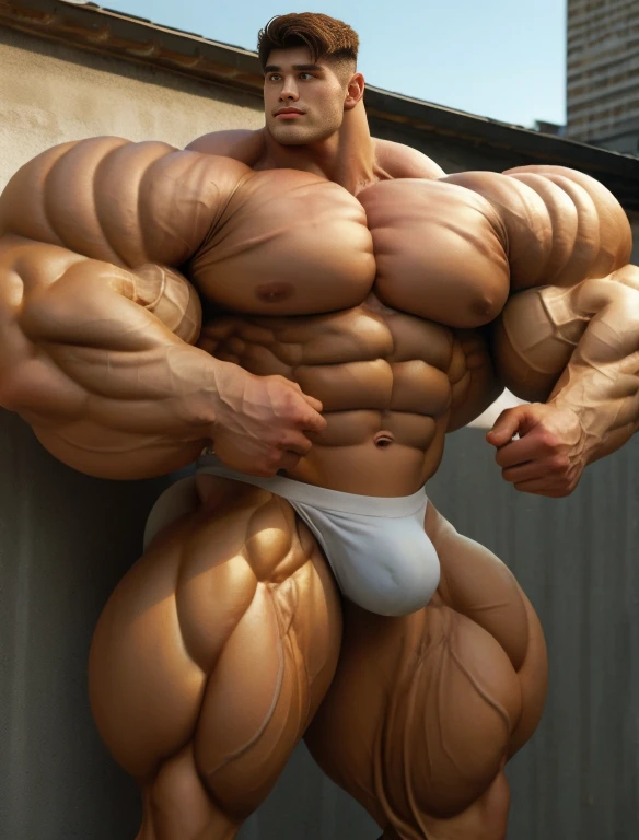 1boy, giant, alone, giant bodybuilder, golden hour, strong body, bulk, large size, armpit, staying on the sculpted wall, outdoor, nude, white triangular underwear, prominent bulge, extraordinary big, brutalmass, giant, muscular body, bulk, buff, massive body, large meaty body size, extremely wide body