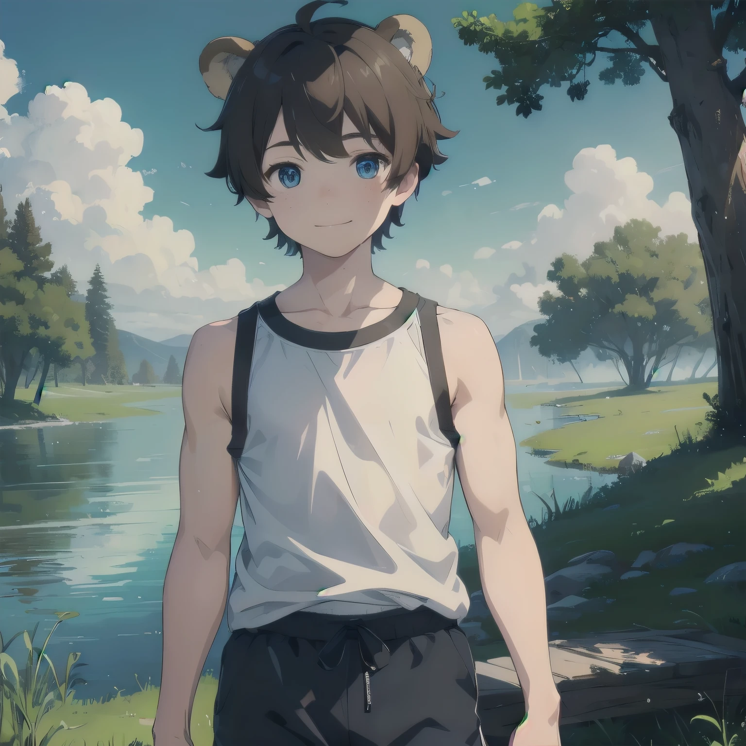 (masterpiece), 1boy, solo male, best quality, expressive eyes, perfect face, sketch style, (sfw), best quality, kemonomimi, bear ears, animal ears, brown hair, short hair, messy_hair, blue eyes BREAK freckles, (, young boy), forest, Bush, lake, standing, black shirt BREAK sleeveless shirt, blue shorts, smile, outdoors 