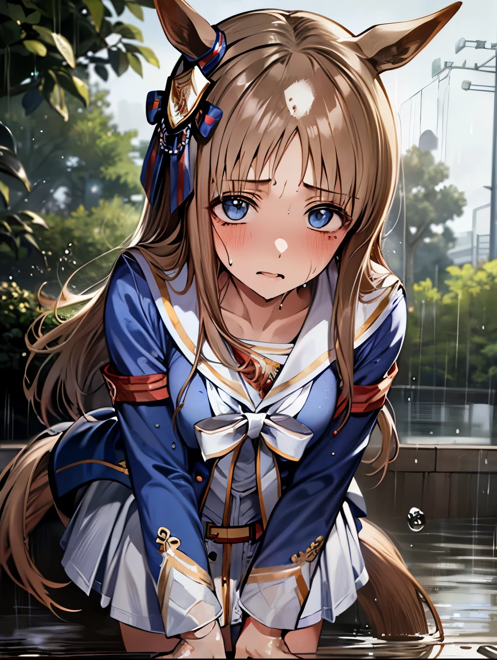 grass wonder \(Umamusume\), 1 girl, Solo, Best Quality, masutepiece, 8K, High resolution, Ultra-detailed, Blue jacket, White sailor color, Long sleeves, White skirt, (((wet hair, wet clothes, wet skin, mud stain))), heavy rain,