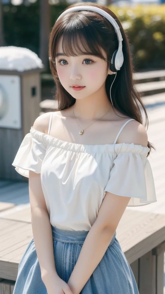 1 girl、Surrounded by in a study from the 1980s、Summer sky、White short sleeve ruffled blouse、Off the shoulder、The chest is open wide and you can see a lot of bare skin.、A sad-looking 12-year-old girl listening to music from a cassette tape on a 1980 Sony Walkman、Composition、snow、Shallow depth of field、Direct Light、800mm lens、Highest quality
