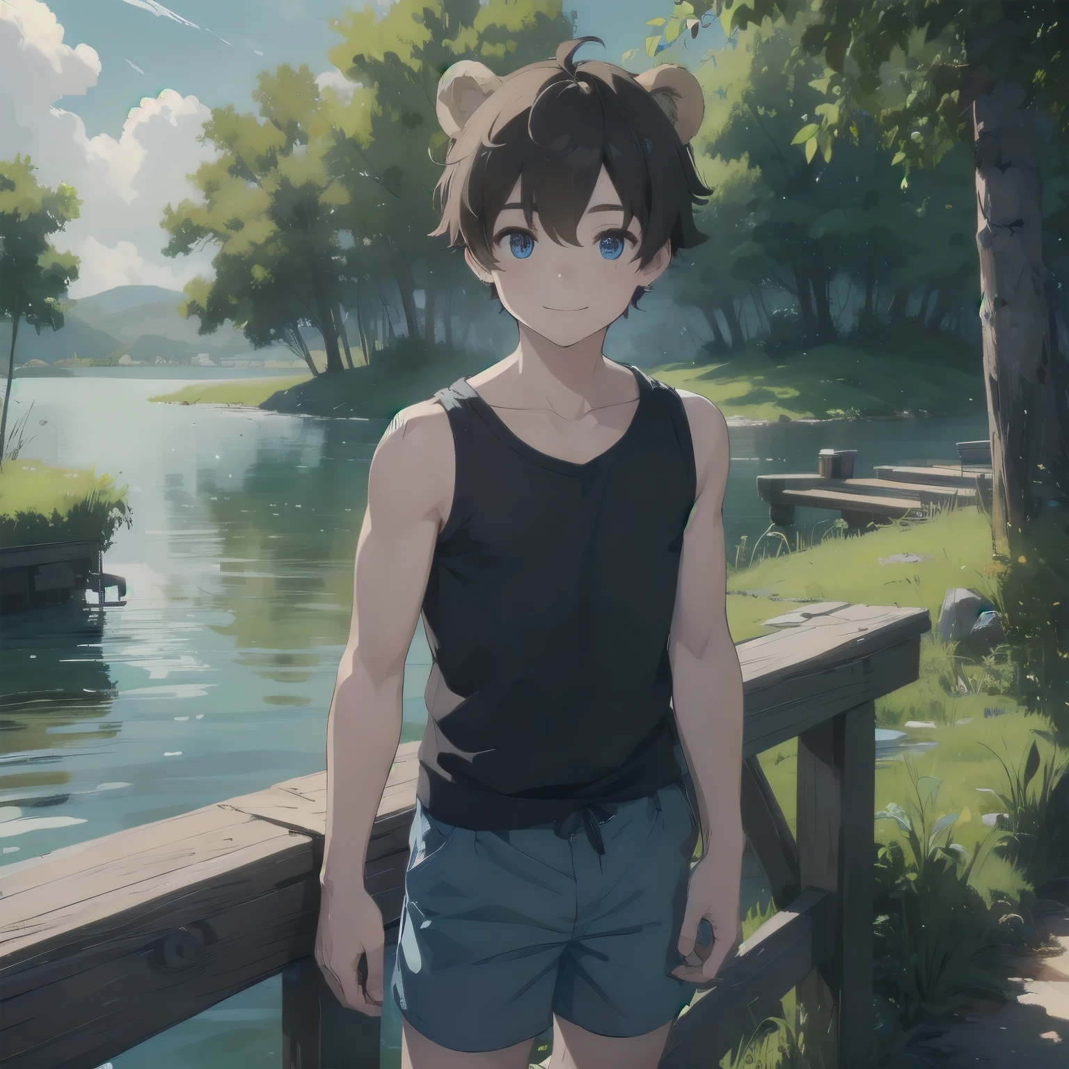 (masterpiece), 1boy, solo male, best quality, expressive eyes, perfect face, sketch style, (sfw), best quality, kemonomimi, bear ears, animal ears, brown hair, short hair, messy_hair, blue eyes BREAK freckles, ( boy, young est, Bush, lake, standing, black shirt BREAK sleeveless shirt, blue shorts, smile, outdoors
