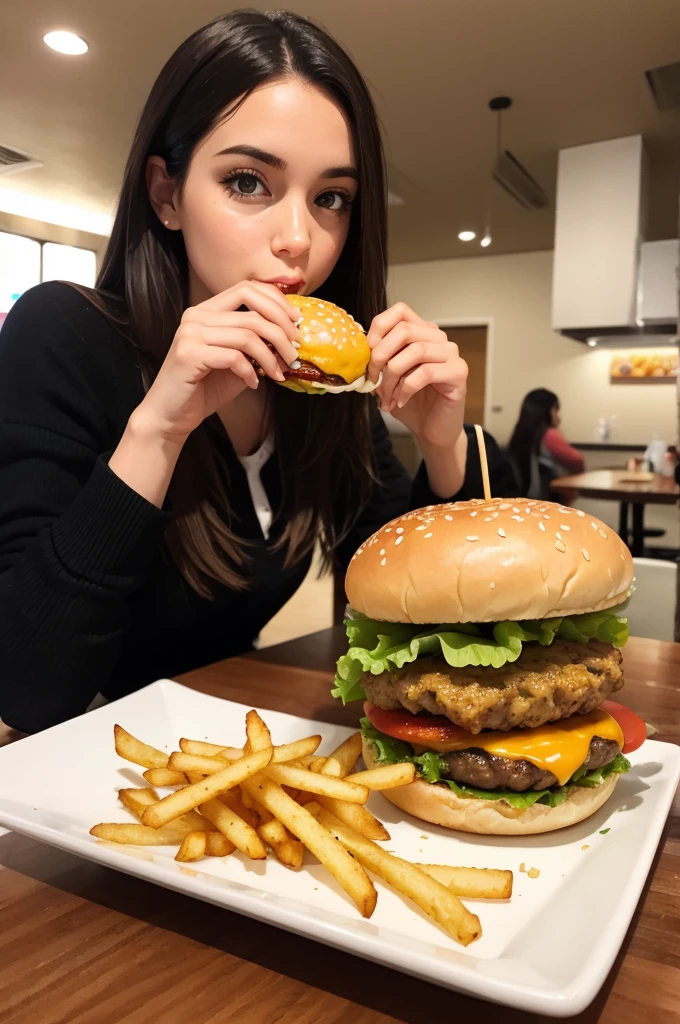  eating a hamburger with fries