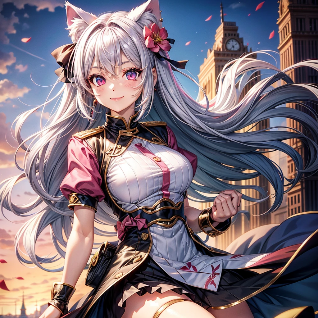 Silver hair, pink eyes, body, cat ears, adult girl, earrings, flower sky clouds background, red teal gold uniform, hair bows, happy face, thigh up, looking at straight 