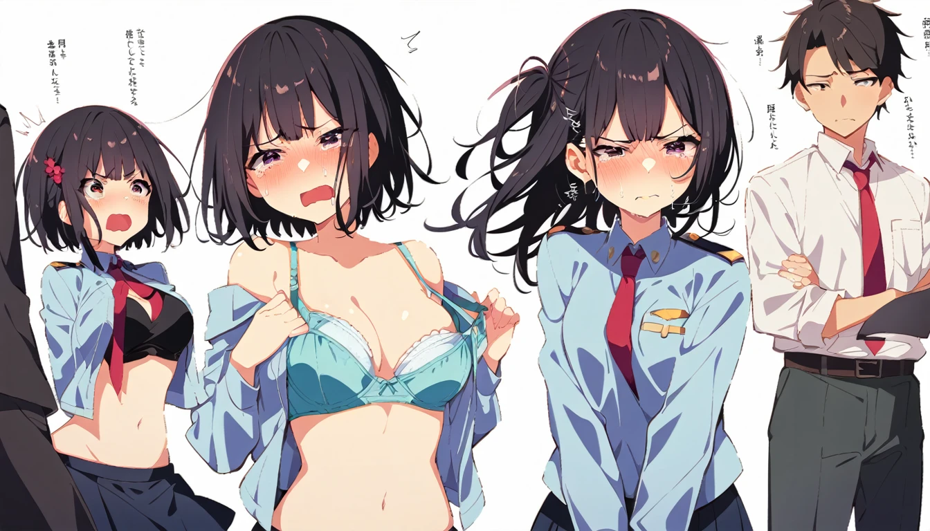 Three male students、The uniform of a girl with short black hair and modest pubic hair is ripped to shreds, exposing her bra and panties, as she cries in disgust.、Standing posture