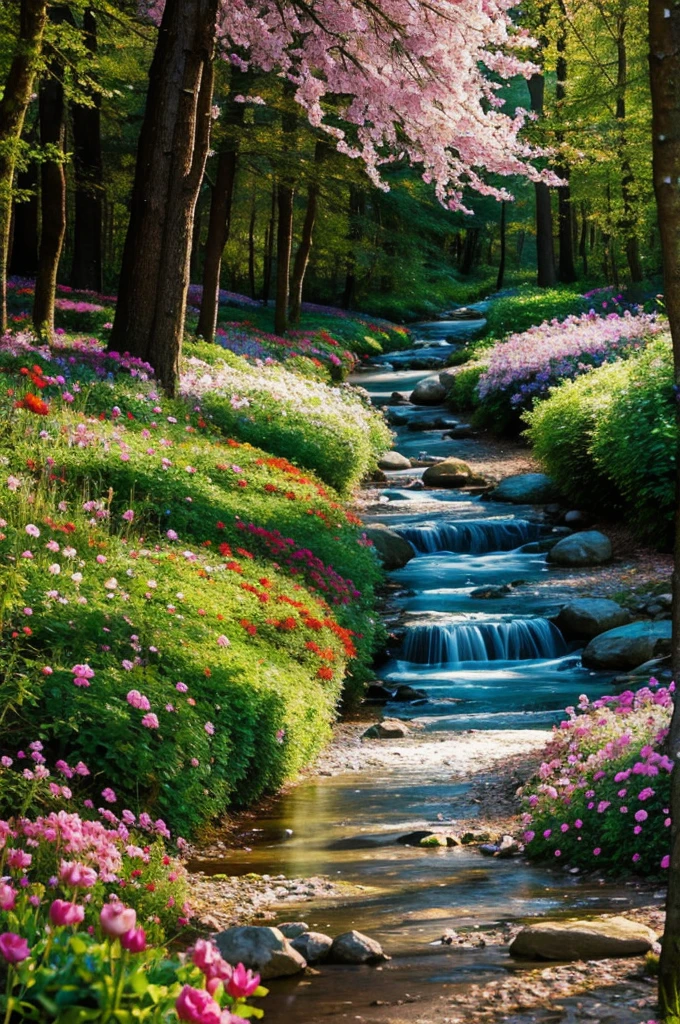 Fairytale forest with colorful flowers