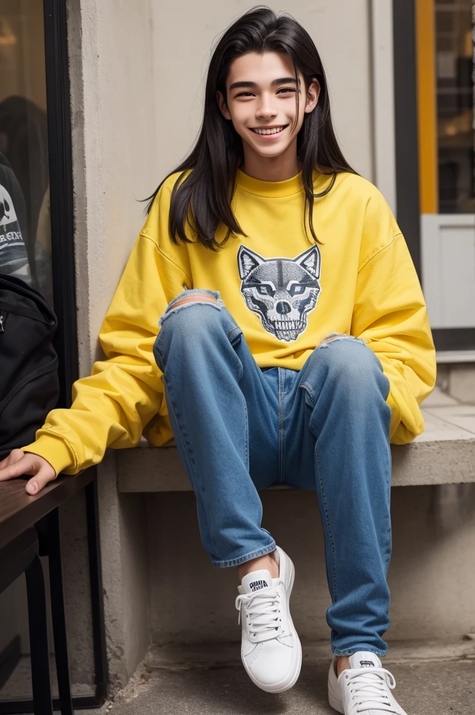 A very optimistic  boy, he has a yellow sweatshirt with a print of a wolf skull, he has jeans and sneakers, his hair is a little long and straight and black, he always has to be smiling