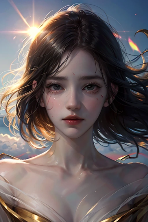 Artwork, best quality, film still, 1 woman by Agnes Cecile in the cloud, floating in the sky, close up, bright, happy, soft and warm lighting, sunset, (sparks:0.7)
INFO