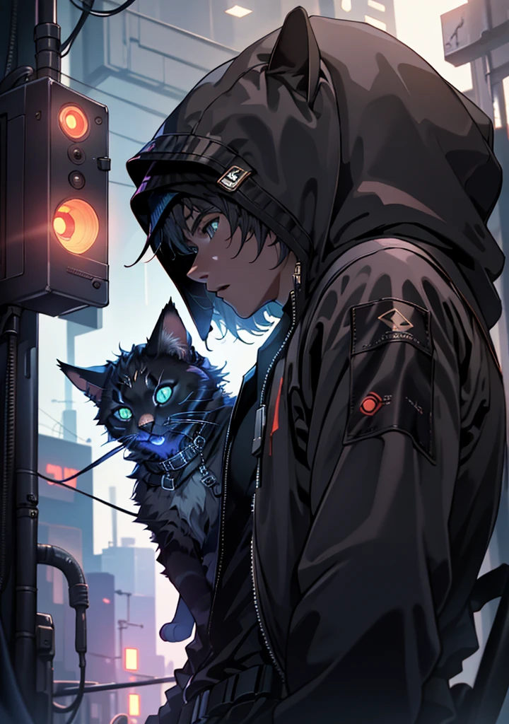 ultra detail, high resolution, ultra detailed, best quality, amazing, top quality, extremely detailed CG unity 8k wallpaper, cinematic lighting, cat fanboy, cyberpunk, dark boy