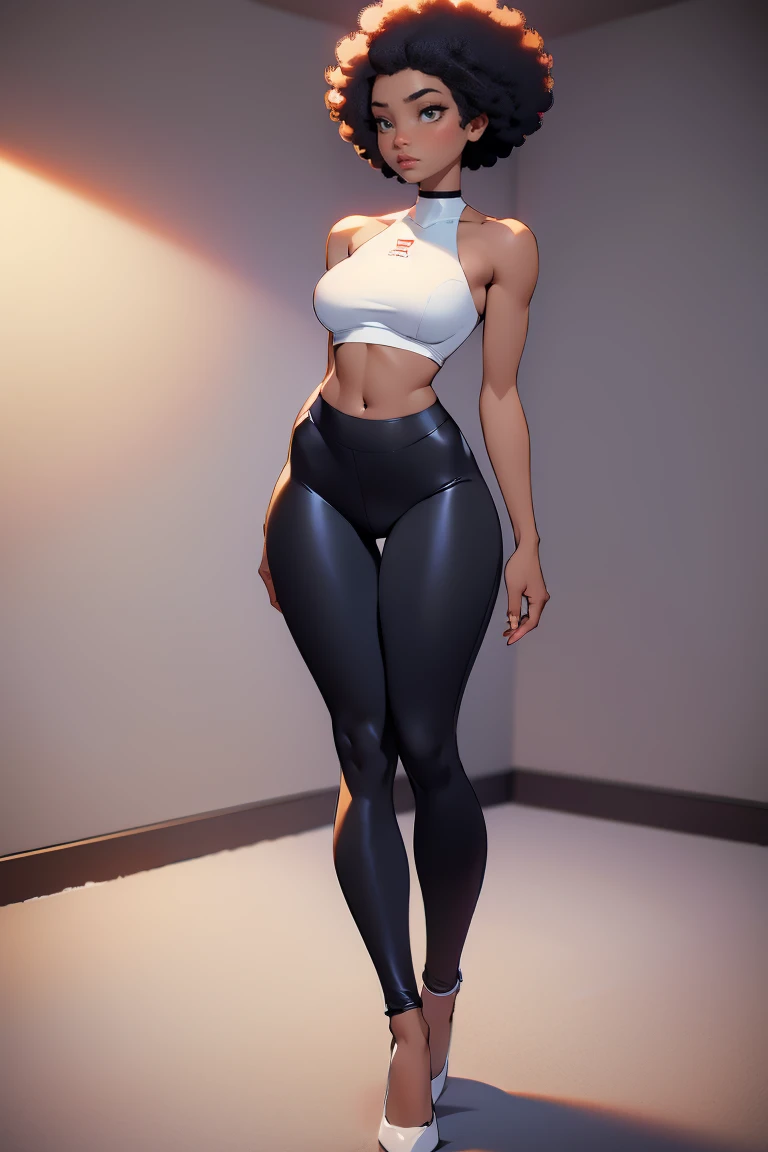 afro american girl, dark skin, behind view, afro haircut, 1 girl, solo, (black leggins) (crop tank top low neckline), sleveless, medium perky , wide hips