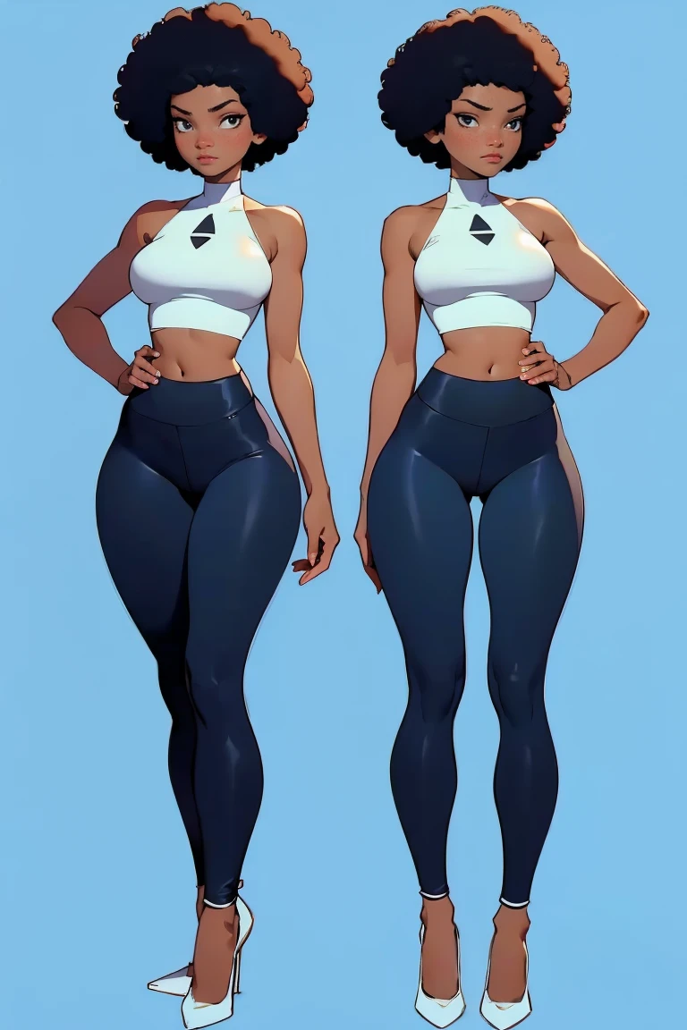 afro american girl, dark skin, behind view, afro haircut, 1 girl, solo, (black leggins) (crop tank top low neckline), sleveless, medium perky , wide 