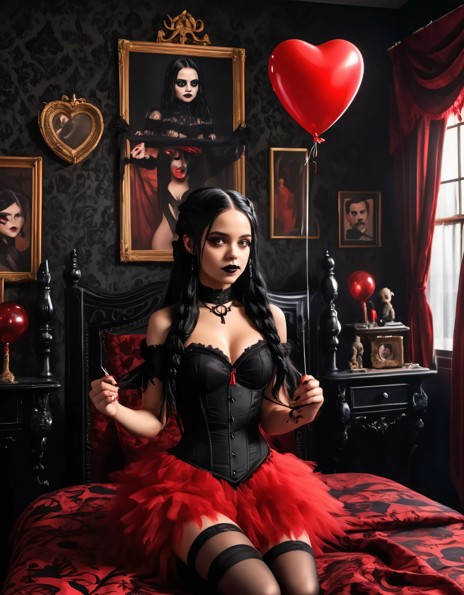 A young woman with long black hair styled in two braids and wears minimal makeup with dark eyeliner, black lipstick, sexy goth, Wednesday Addams (Jenna Ortega). The setting is a old Victorian bedroom with McCabe ornate decorations with a (Duotone {red and black]) silk bedspread. Painting on the wall of famous monsters taking a family photo. She is wearing black ornate fabric choker, black corset, black short feathered dress with black stockings. Holding a string to a (red balloon, Dripping art style) shaped like a heart floating in the air. A peculiar, lifelike severed hand is placed on the bed next to her, adding an element of mystery. The lighting is eerie, coming from an unseen source, creating a since of mystery and intriguing atmosphere.