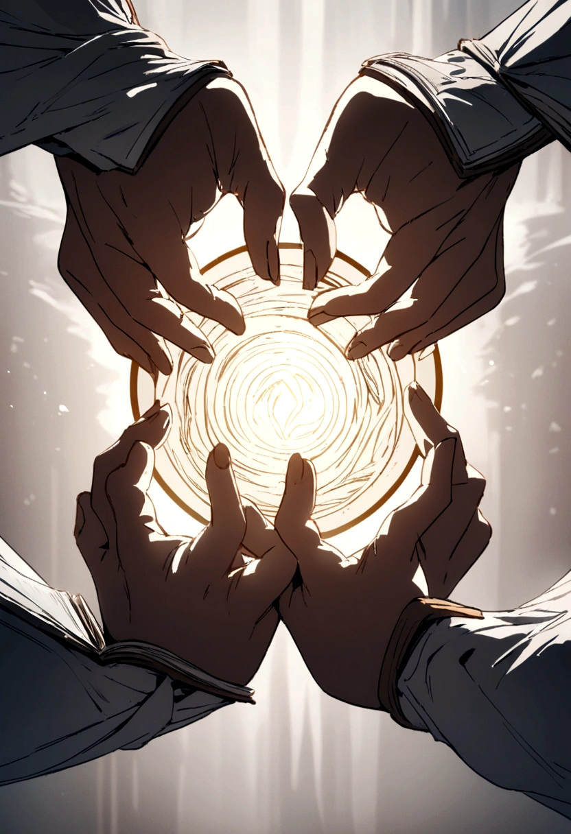 logo of books and white sheets and symmetrical hands