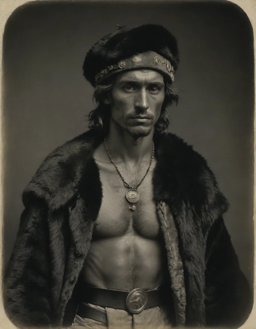 by Moebius Jean Giraud, by Théodore Géricault, ((((Rough monochrome, daguerreotype)))), the composition is: (((a cute, skinny, pensive, brooding, young male barbarian, facing viewer. He is wearing a fur hat. Bare torso, with Praetorian elements, sashes, medals, diamond shape pendants, jaguar fur elements))).