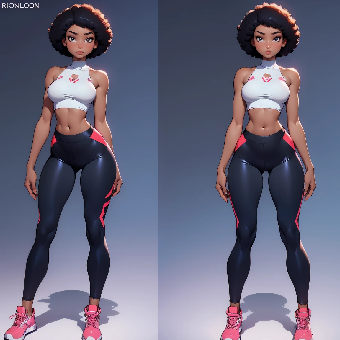 afro american girl, dark skin, behind view, afro haircut, 1 girl, solo, (black leggins) (crop tank top low neckline), sleveless, medium perky , wide hips