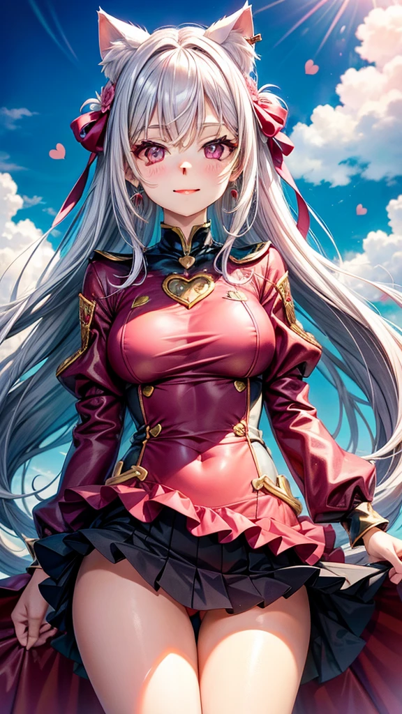 Silver hair, pink eyes, body, cat ears, adult girl, earrings, flower heart sky clouds background, red teal gold uniform, hair bows, happy face, thigh up, looking at straight