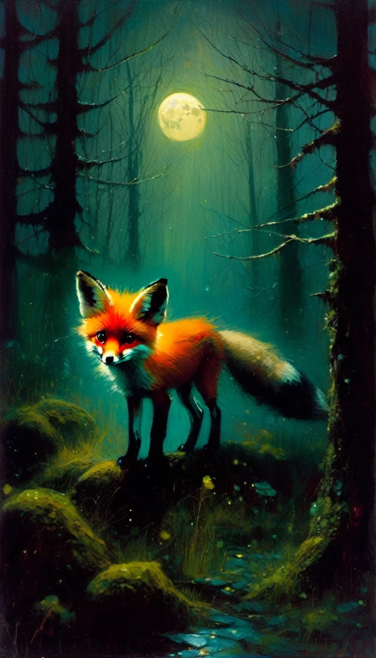 a  fox, adorable but angry, red eyes, walks through a forest at night, fog, creepy atmosphere, magic, fantastic, night sky, moon, stars, old-growth forest, dark mossy trees, moonlit, moody lighting, atmospheric, (art inspired in Bill Sienkiewicz). oil painting)
