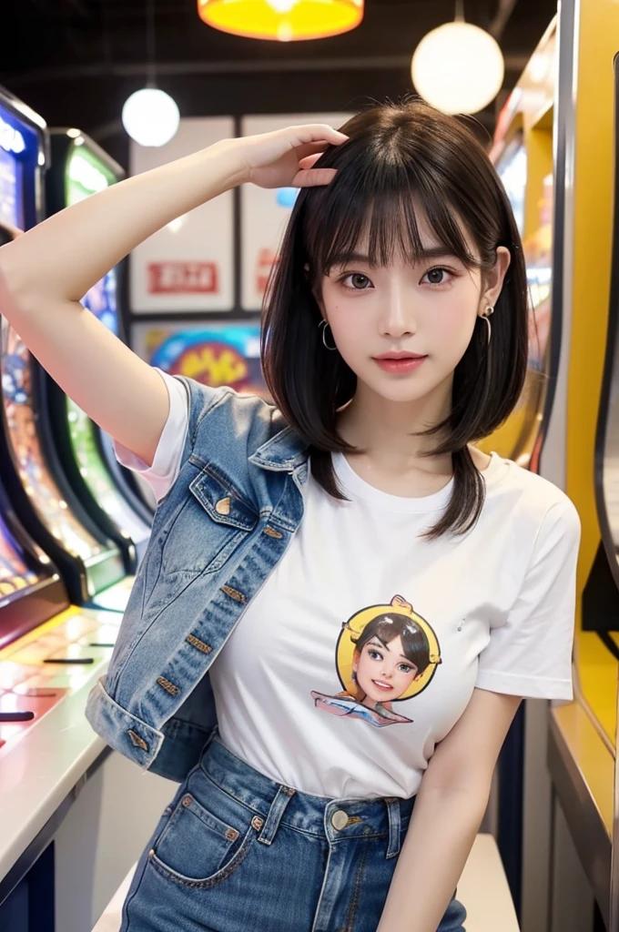 ((pussy)),crit,パンツを脱いでおまんこアップ、Game center, professional gamer, ((full body)), ((photo)), ((best qualtiy, 8K, tmasterpiece: 1.3)), Focus: 1.2, perfect figure beautiful girl: 1.4, 1girl, cowboy shot, look at viewer, eyes facing the camera, incredibly absurd, beautiful and cute girl with a photorealistic face, showcasing top-quality craftsmanship, A Japanese girl playing games at an arcade, , with a bob cut, silky black hair, bangs cut at an angle to reveal her right eye, large eyes, a soft smile, tanned skin, thin and well-formed eyebrows, straight nose with a rounded tip, thin lips but a healthy, natural pink colour, small ears with pierced ears, a slender neck with a sharp jawline, a small face with well-formed facial features, fair, fine, translucent skin, long eyelashes that make the eye makeup stand out, eyes that are powerful but also kind, Well-aligned, white teeth, healthy, shiny skin and hair, friendly expression, , slender, well-balanced proportions, good posture, beautiful C-cup breasts, white character T-shirt, blue denim jacket, yellow shorts, white sneakers, silver earrings, tote bag with game character illustration printed on it, beautiful girl, moe, devilish type, sociable and easy to talk to, values teamwork, curious and adventurous, has a sense of humor, July