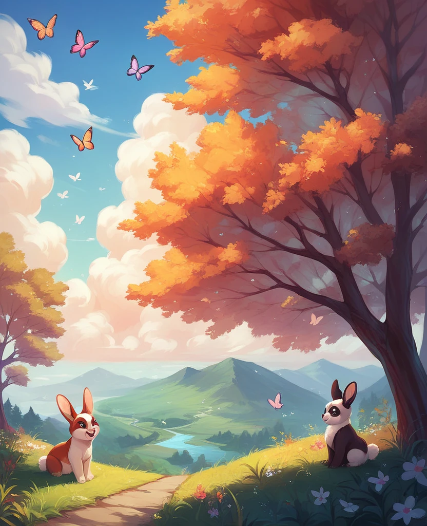 Cute nature scenery, no people, clouds rainbow. pandas,kittens,bunnies,trees,butterflies