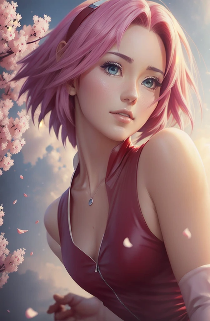 Sakura is beautiful and tall with short anime hair, super realistic and well detailed