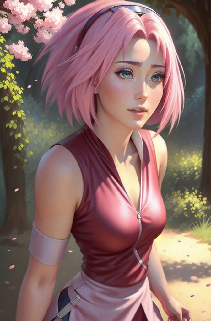 Sakura is beautiful and tall with short anime hair, super realistic and well detailed