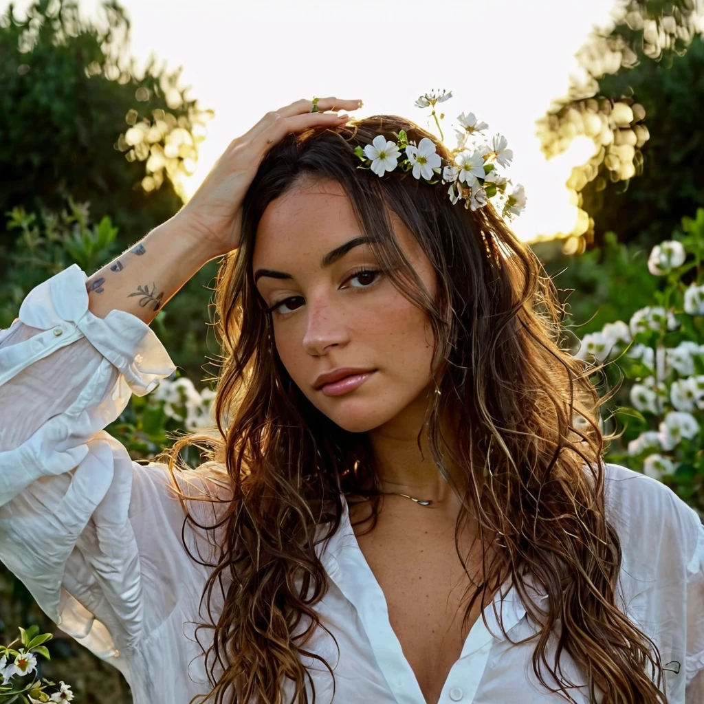 Texture de la peau, sans maquillage, Super high res 0.5x portrait photo oF an pretty woman outdoors with long slightly wavy hair,wearing a  light shirt , decorative Flowers in her hair,F /2.8, canon, 85mm,cinématique, haute qualité,regarder le spectateur,