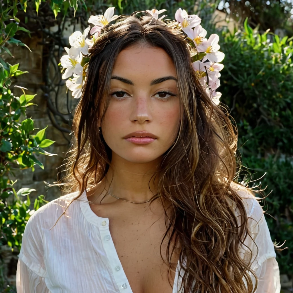 Texture de la peau, sans maquillage, Super high res 0.5x portrait photo oF an pretty woman outdoors with long slightly wavy hair,wearing a light shirt , decorative Flowers in her hair,F /2.8, canon, 85mm,cinématique, haute qualité,regarder le spectateur,