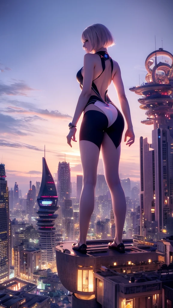 a woman standing in front of a futuristic city, cgsociety 9, futuristic city backgrond, in fantasy sci - fi city, cinematic. futurism, futuristic. game cg, otherwordly futuristic city, futuristic city in background, futuristic art style, futuristic sci-fi, futuristic city background, sci fi city, futuristic marrakech, by Raphael Lacoste, human futuristic city