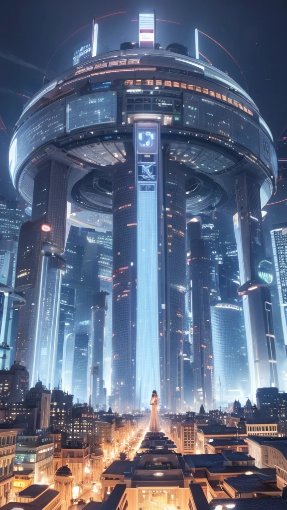 a woman standing in front of a futuristic city, cgsociety 9, futuristic city backgrond, in fantasy sci - fi city, cinematic. futurism, futuristic. game cg, otherwordly futuristic city, futuristic city in background, futuristic art style, futuristic sci-fi, futuristic city background, sci fi city, futuristic marrakech, by Raphael Lacoste, human futuristic city