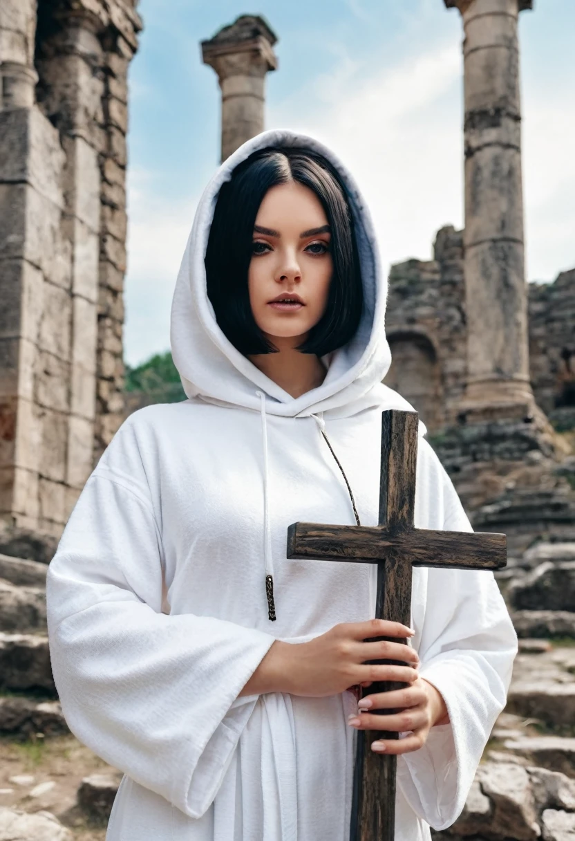 a girl in a white robe with a hood on her head and a black bob holds a cross in her hand against the background of ancient ruins