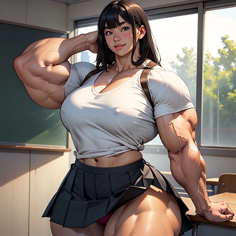 (masterpiece, detailed, realistic:1.2), young japanese girl, school girl, (hypermuscle:1.6), massive ass, massive thighs, cute smile, cute, fringe, skimpy clothes, skirt, cute pose, (huge lips), classroom, (shocked classmates)