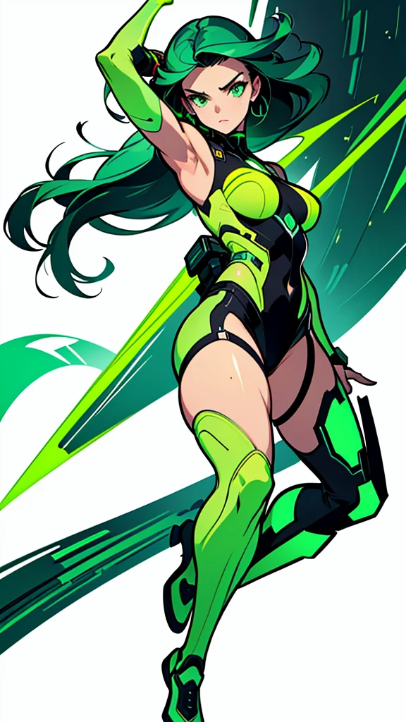 masterpiece, highest quality, (solo focus), (perfect face:1.1), (full body), (high detail:1.1), (hyper detailed eyes), dramatic, a woman with paleskin and long dark green hair, bright green eyes, solo, arrogant expression, neon cybernetic outfit, white background, art by artgerm, cinematic lighting, fashion, BalenciagaStyle