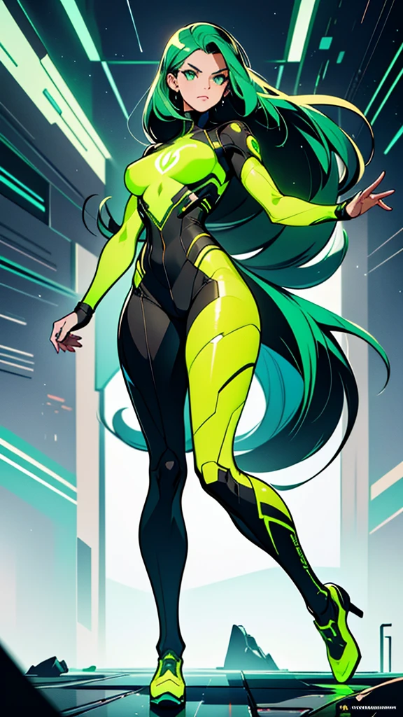 masterpiece, highest quality, (solo focus), (perfect face:1.1), (full body), (high detail:1.1), (hyper detailed eyes), dramatic, a woman with paleskin and long dark green hair, bright green eyes, solo, arrogant expression, neon cybernetic outfit, white background, art by artgerm, cinematic lighting, fashion, BalenciagaStyle
