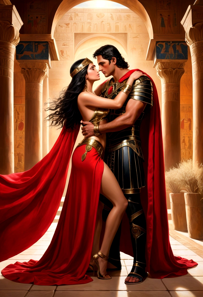 A stunning painting depicts a scene of passion in ancient times. A powerful man, wearing Roman armor with a majestic red cape, wraps a stunning woman in a sensual black dress. Their intense gazes reveal a deep and irresistible connection. o fundo, richly detailed, evokes the grandeur and opulence of Egypt under the reign of Ptolemy XIII, with symbols of power and glory. The scene captures the essence of a steamy, forbidden romance, immortalizing a moment of love and intense desire.