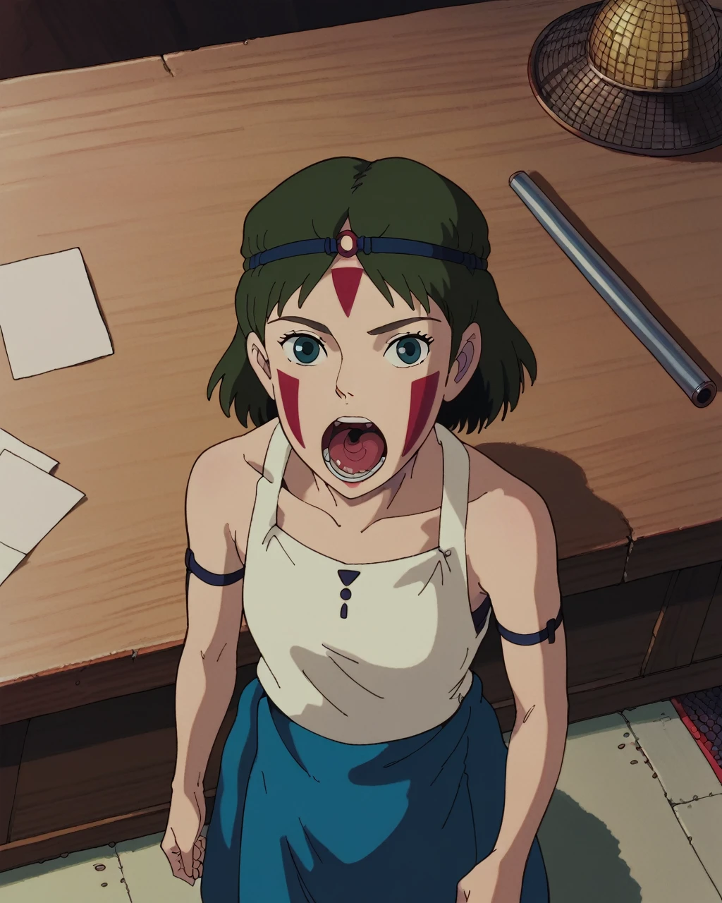 punctuation_9, punctuation_8_High above, punctuation_7_High above, zPDXL, Ghiblistyle, 1 girl, standing alone, gazing at viewer, shorth hair, gaping mouth, chestnut hair, eyes browns, jewerly, aretes, necklase, bare arms, natta, headband, facial mark, gram, face painting