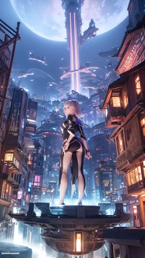 a woman standing in front of a futuristic city, cgsociety 9, futuristic city backgrond, in fantasy sci - fi city, cinematic. futurism, futuristic. game cg, otherwordly futuristic city, futuristic city in background, futuristic art style, futuristic sci-fi, futuristic city background, sci fi city, futuristic marrakech, by Raphael Lacoste, human futuristic city