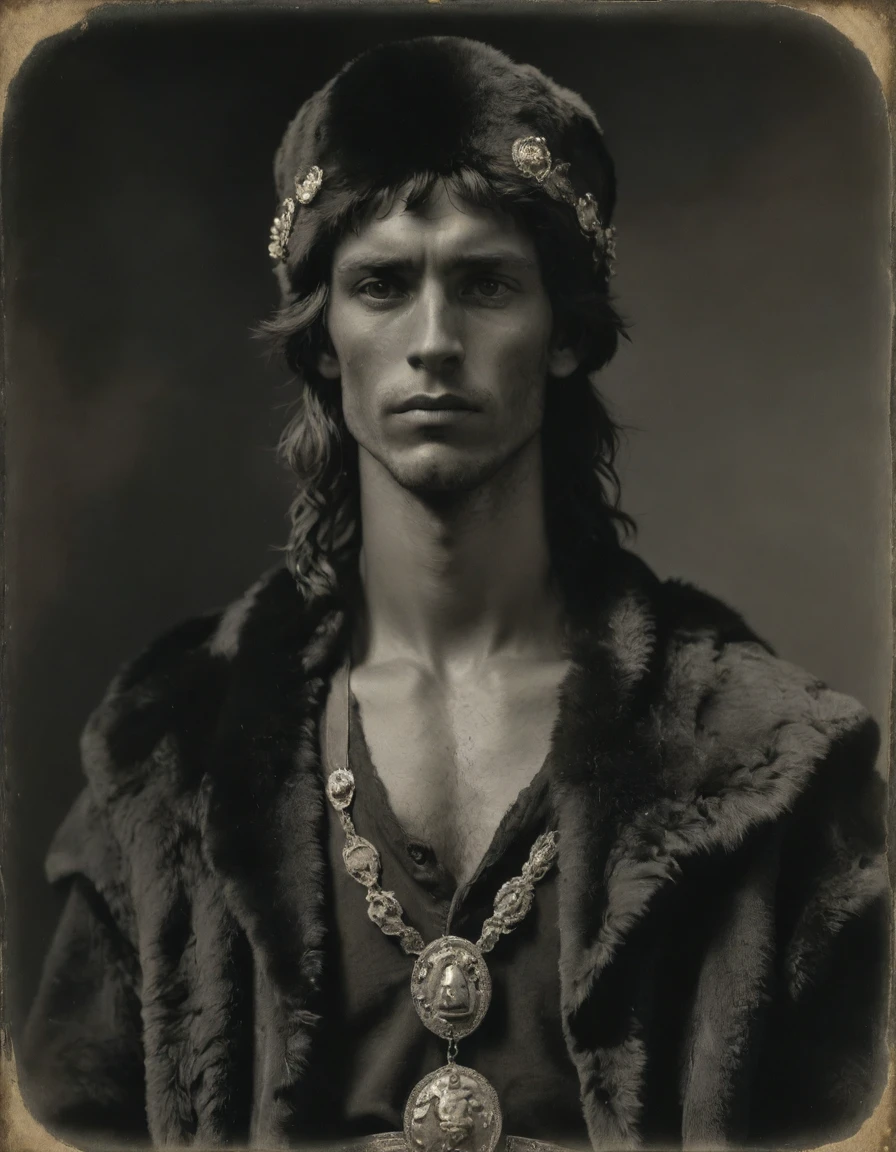 by Moebius Jean Giraud, by Théodore Géricault, ((((Rough monochrome, daguerreotype)))), the composition is: (((a cute, skinny, pensive, brooding, young male barbarian, facing viewer. He is wearing a fur hat. Bare torso, with Praetorian elements, legionary elements, sashes, medals, diamond shape pendants, jaguar fur elements))).