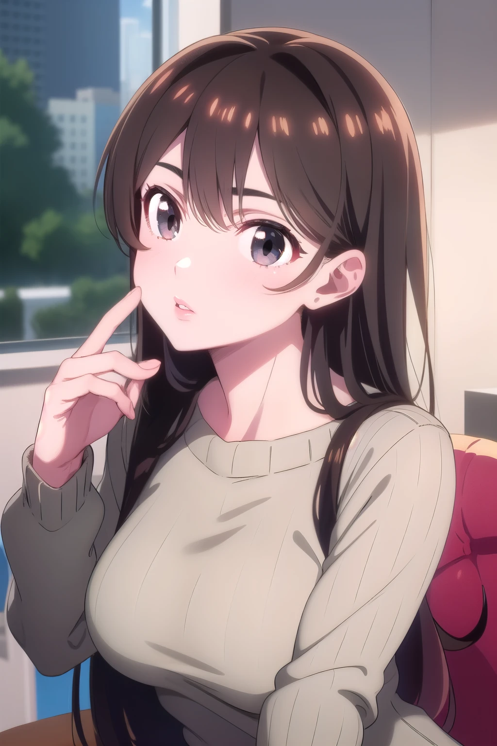 Girl, long brown hair, dark gray eyes, sharp features, white skin, pink lips, beautiful, perfect, sweater