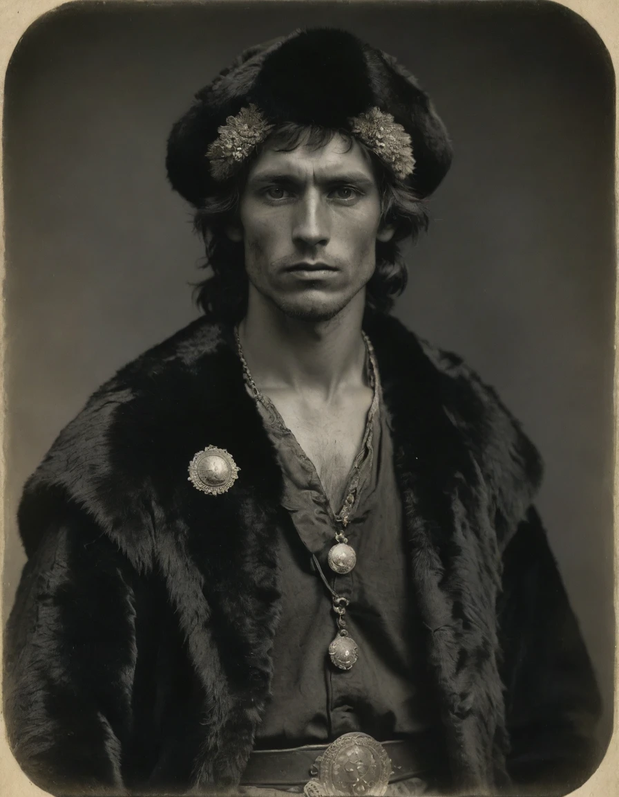 by Moebius Jean Giraud, by Théodore Géricault, ((((Rough monochrome, daguerreotype)))), the composition is: (((a cute, skinny, pensive, brooding, young male barbarian, facing viewer. He is wearing a fur hat. Bare torso, with Praetorian elements, sashes, medals, diamond shape pendants, jaguar fur elements))).