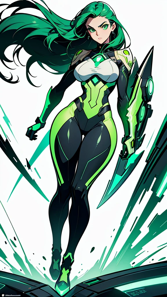 masterpiece, highest quality, (solo focus), (perfect face:1.1), (full body), (high detail:1.1), (hyper detailed eyes), dramatic, a woman with paleskin and long dark green hair, bright green eyes, solo, arrogant expression, neon cybernetic outfit, white background, art by artgerm, cinematic lighting, fashion, BalenciagaStyle