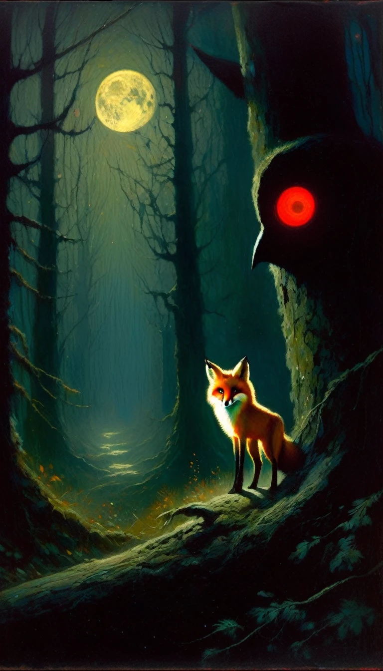 a little fox, adorable but angry, red eyes, walks through a forest at night,an owl watches from a tree, fog, creepy atmosphere, magic, fantastic, night sky, moon, stars, old-growth forest, dark mossy trees, moonlit, moody lighting, atmospheric, (art inspired in Bill Sienkiewicz). oil painting)