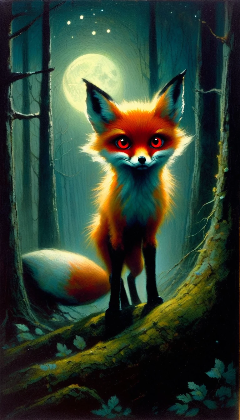 a little fox, adorable but angry, red eyes, walks through a forest at night,an owl watches from a tree, fog, creepy atmosphere, magic, fantastic, night sky, moon, stars, old-growth forest, dark mossy trees, moonlit, moody lighting, atmospheric, (art inspired in Bill Sienkiewicz). oil painting)
