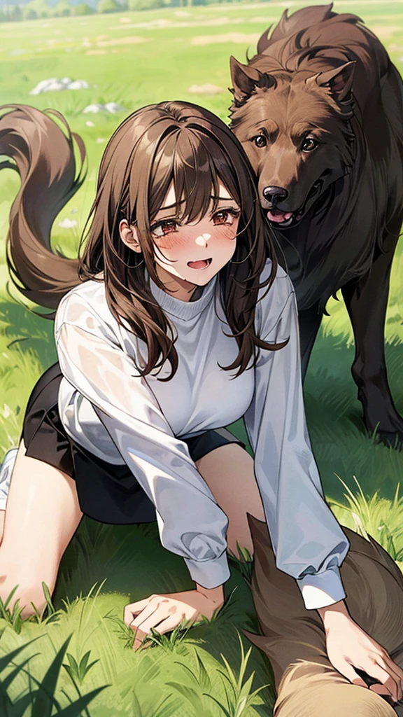 Masterpiece, top quality, highest definition, one adult female, slit eyes, dark hair, one length, brown eyes, model like, beautiful, perfect proportions. Shirt, mini tight skirt. She is on all fours in a grassy field. A large dog is mounted on her back, and she and the large dog are mating. The dog is holding the woman's back.
The woman's face is bright red and flushed, her mouth open and both eyes closed,
She looks like she is crying.
