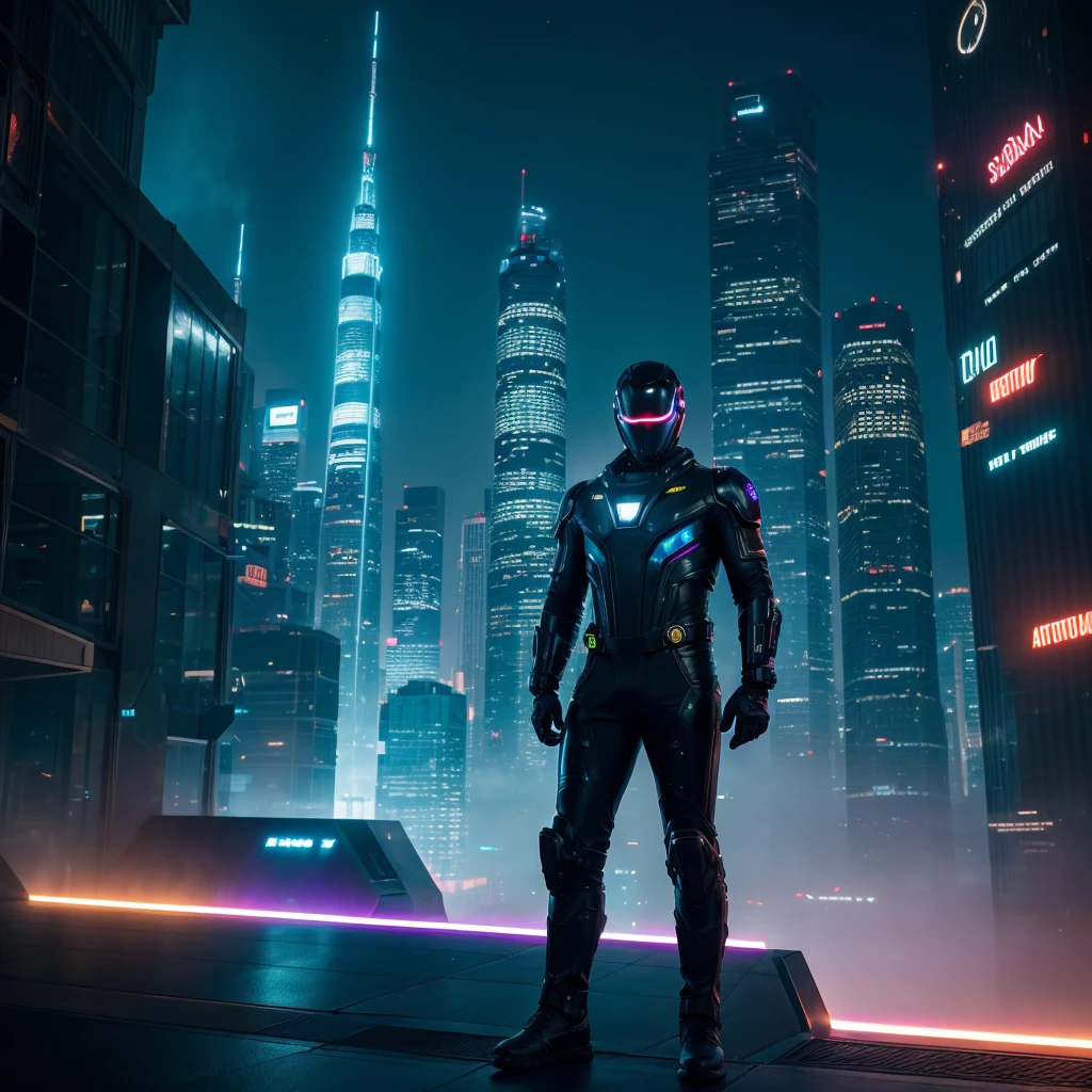 Create an image that captures a cinematic photograph of a science fiction scene. The setting should be a futuristic city at night, filled with towering skyscrapers illuminated by neon lights, with flying vehicles buzzing in the sky. The city is brimming with advanced technology, with drones patrolling the skies and holographic advertisements projected onto the streets. The main character in the image is a human in a futuristic spacesuit, adorned with technological devices and metallic details. They should be positioned at the center of the image, with a determined and focused expression, looking towards the distant horizon. The suit should have illuminated details and a modern design, fitting for a high-tech environment. The scene should be dramatically lit, with a play of light and shadows that enhances the details and gives a cinematic touch. The predominant colors should be shades of blue and purple, with various neon lights reflecting in the environment. Add a light mist to give a mysterious touch and increase the depth of the scene. The style of the image should mimic the appearance of film grain to give the feeling of a scene taken directly from a science fiction movie.