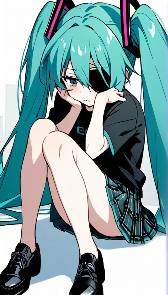 Hatsune Miku, eyebags, black eye patch, black tee shirt, blue plaid skirt, black shoes, sad