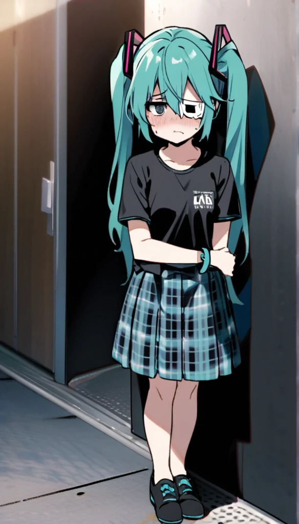 Hatsune Miku, eyebags, black eye patch, black tee shirt, blue plaid skirt, black shoes, sad