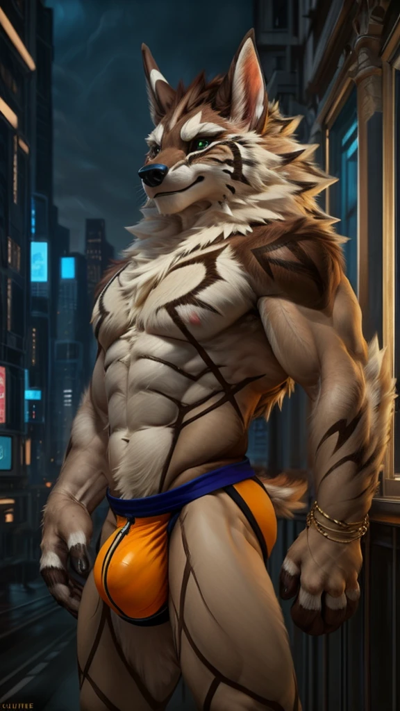Seth(/tas/), muscular, thighs, city, male, jockstrap, yellow jockstrap, posing, very large bulge, detailed bulge, genital outline, presenting chest, detailed body, by tojothethief, by chunie, by darkgem, seductive, detailed face, extremely detailed eyes, beautiful details, masterpiece, 4k , sharp focus, crisp, insane details, best quality