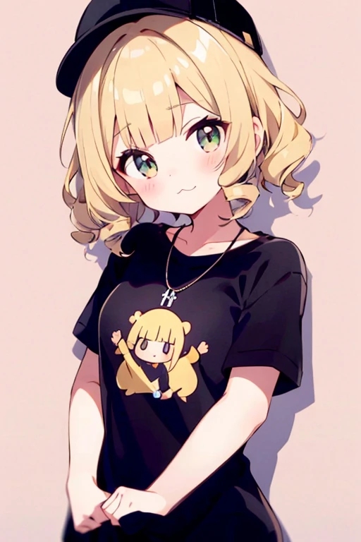 (One:1.2),cutie,(blonde with short hair), Drill the hair on the left side,(casual wavy hair:1.3), Blunt bangs,blush,head tilt,:3,upper body,Black Cap,black oversized t-shirt,simple background,cowboy shot,shadow,necklace,
