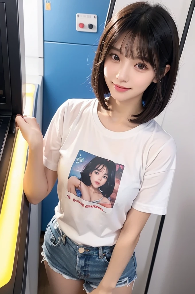 ((pussy)),crit,パンツを脱いでおまんこアップ、Game center, professional gamer, ((full body)), ((photo)), ((best qualtiy, 8K, tmasterpiece: 1.3)), Focus: 1.2, perfect figure beautiful girl: 1.4, 1girl, cowboy shot, look at viewer, eyes facing the camera, incredibly absurd, beautiful and cute girl with a photorealistic face, showcasing top-quality craftsmanship, A Japanese girl playing games at an arcade, , with a bob cut, silky black hair, bangs cut at an angle to reveal her right eye, large eyes, a soft smile, tanned skin, thin and well-formed eyebrows, straight nose with a rounded tip, thin lips but a healthy, natural pink colour, small ears with pierced ears, a slender neck with a sharp jawline, a small face with well-formed facial features, fair, fine, translucent skin, long eyelashes that make the eye makeup stand out, eyes that are powerful but also kind, Well-aligned, white teeth, healthy, shiny skin and hair, friendly expression, , slender, well-balanced proportions, good posture, beautiful C-cup breasts, white character T-shirt, blue denim jacket, yellow shorts, white sneakers, silver earrings, tote bag with game character illustration printed on it, beautiful girl, moe, devilish type, sociable and easy to talk to, values teamwork, curious and adventurous, has a sense of humor, July